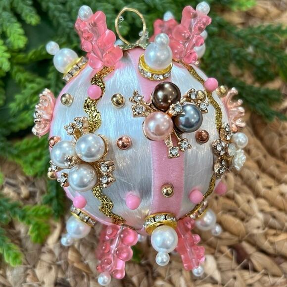 Beaded Push Pin Satin Thread Ball Christmas Ornament Mid Century Vintage Style - Picture 1 of 8